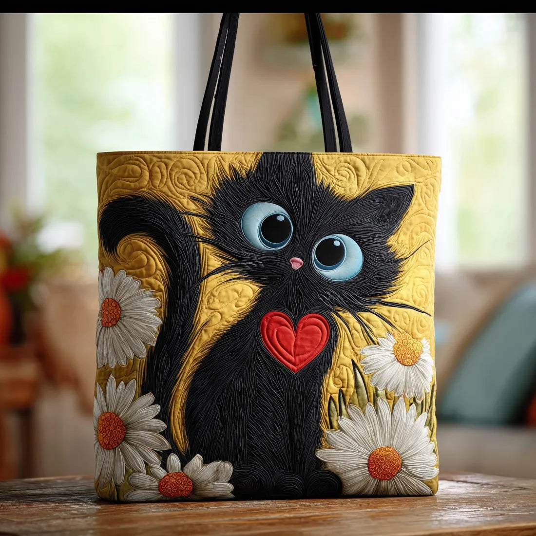 Luna | Bolso Tote Acolchado con Estampado de Gato Negro y Margaritas