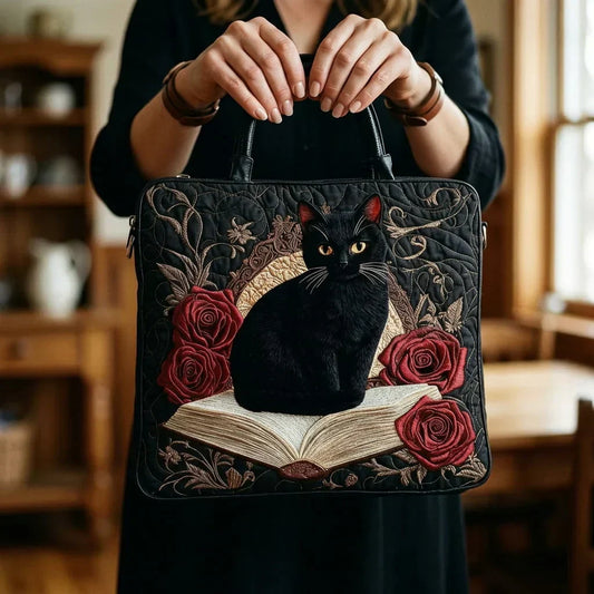 Salem | Bolso Tote Acolchado con Estampado de Gato Negro y Libros