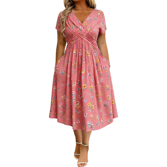 Lucía | Vestido Midi Floral con Cintura Cruzada y Bolsillos Reales