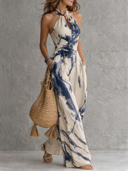 Rocio - Mono Halter de Pierna Ancha con Bolsillos