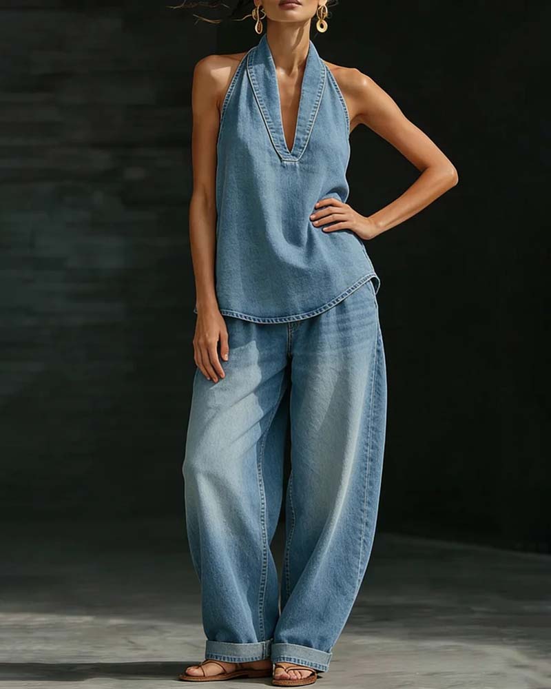 Conjunto denim azul claro de 2 piezas: blusa sin mangas con cuello en V y pantalón ancho