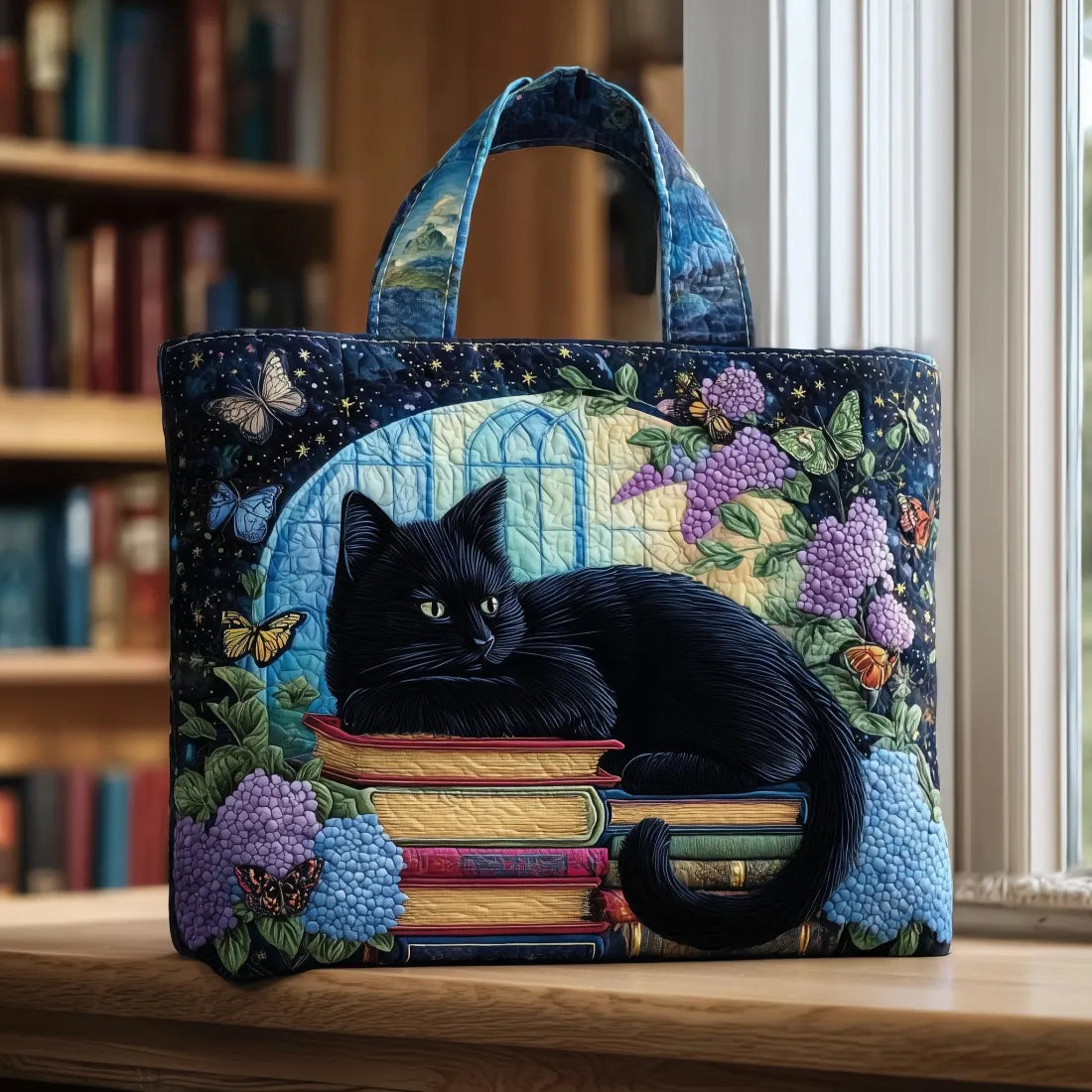 Mystic | Bolso Tote Acolchado con Estampado de Gato Negro Leyendo