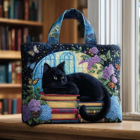 Mystic | Bolso Tote Acolchado con Estampado de Gato Negro Leyendo