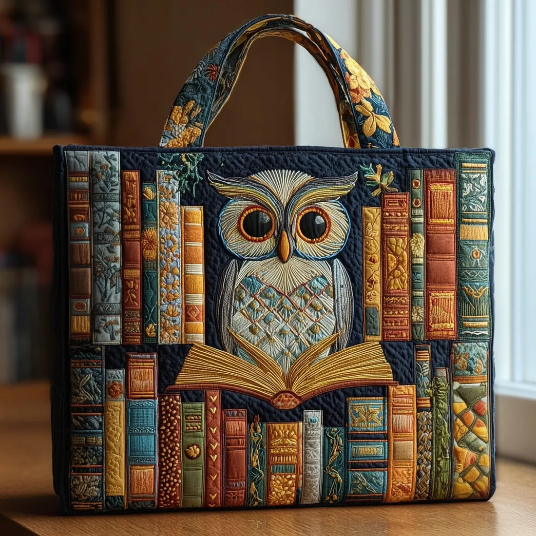 Athenea | Bolso Tote Acolchado con Estampado de Búho y Libros Antiguos