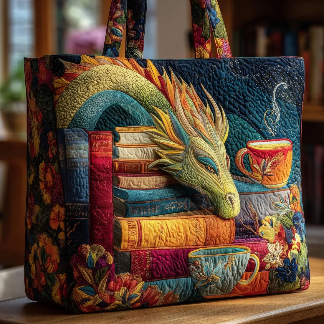 Ember | Bolso Tote Acolchado con Estampado de Dragón Lector y Tazas de Té