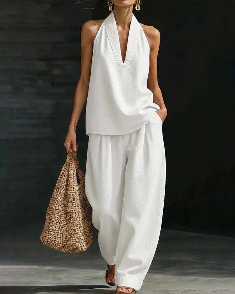 Conjunto denim blanco de 2 piezas: blusa sin mangas con cuello en V y pantalón ancho
