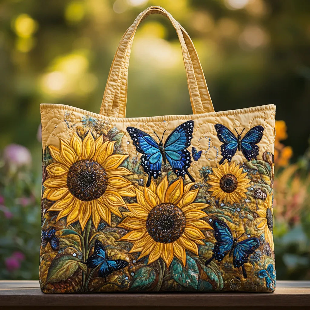 Celia | Bolso Tote Acolchado con Estampado de Girasoles y Mariposas Azules