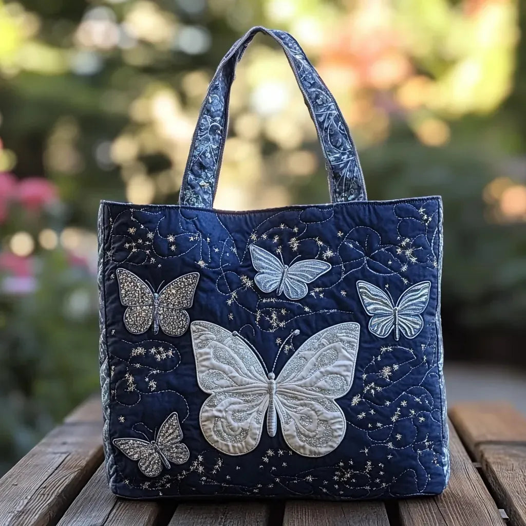 Plata | Bolso Tote Acolchado con Estampado de Mariposa Plateada