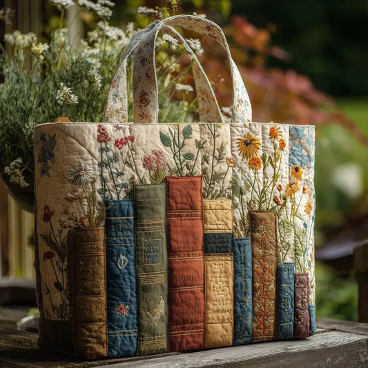 Aurora | Bolso Tote Acolchado con Estampado de Libros y Flores