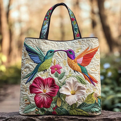 Pluma | Bolso Tote Acolchado con Estampado de Colibrí y Flores Blancas