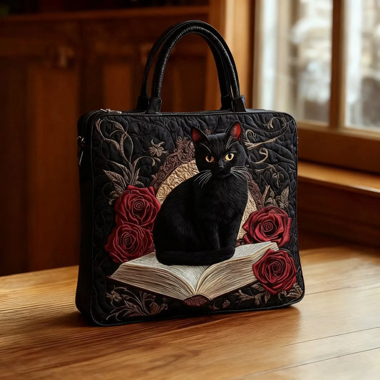Salem | Bolso Tote Acolchado con Estampado de Gato Negro y Libros