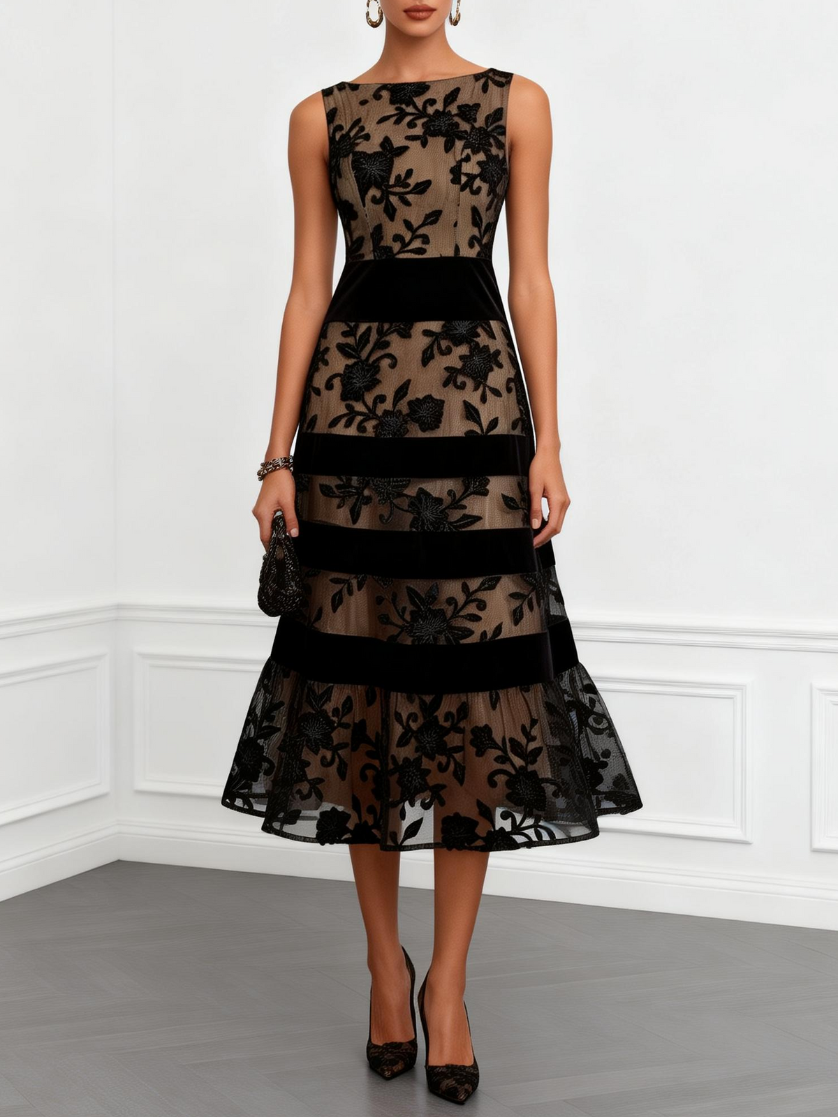 Amara - Vestido Midi Floral de Malla Sin Mangas