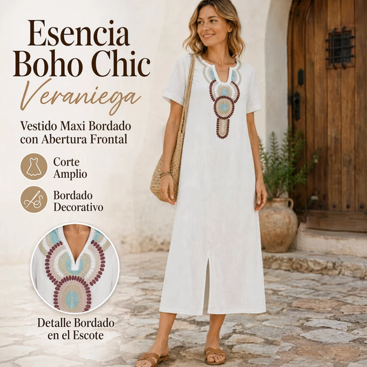Marena | Vestido Maxi Bordado con Abertura Frontal