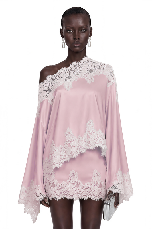 Arielle | Conjunto Satinado Rosa con Encaje
