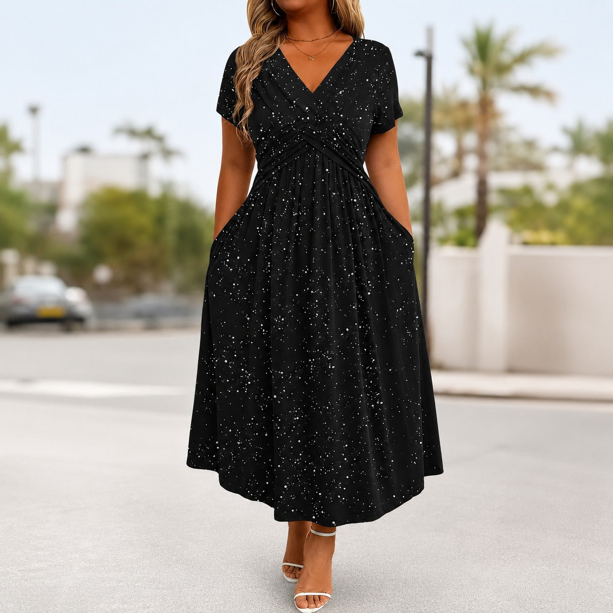 Serena | Vestido Midi Drapeado con Brillo