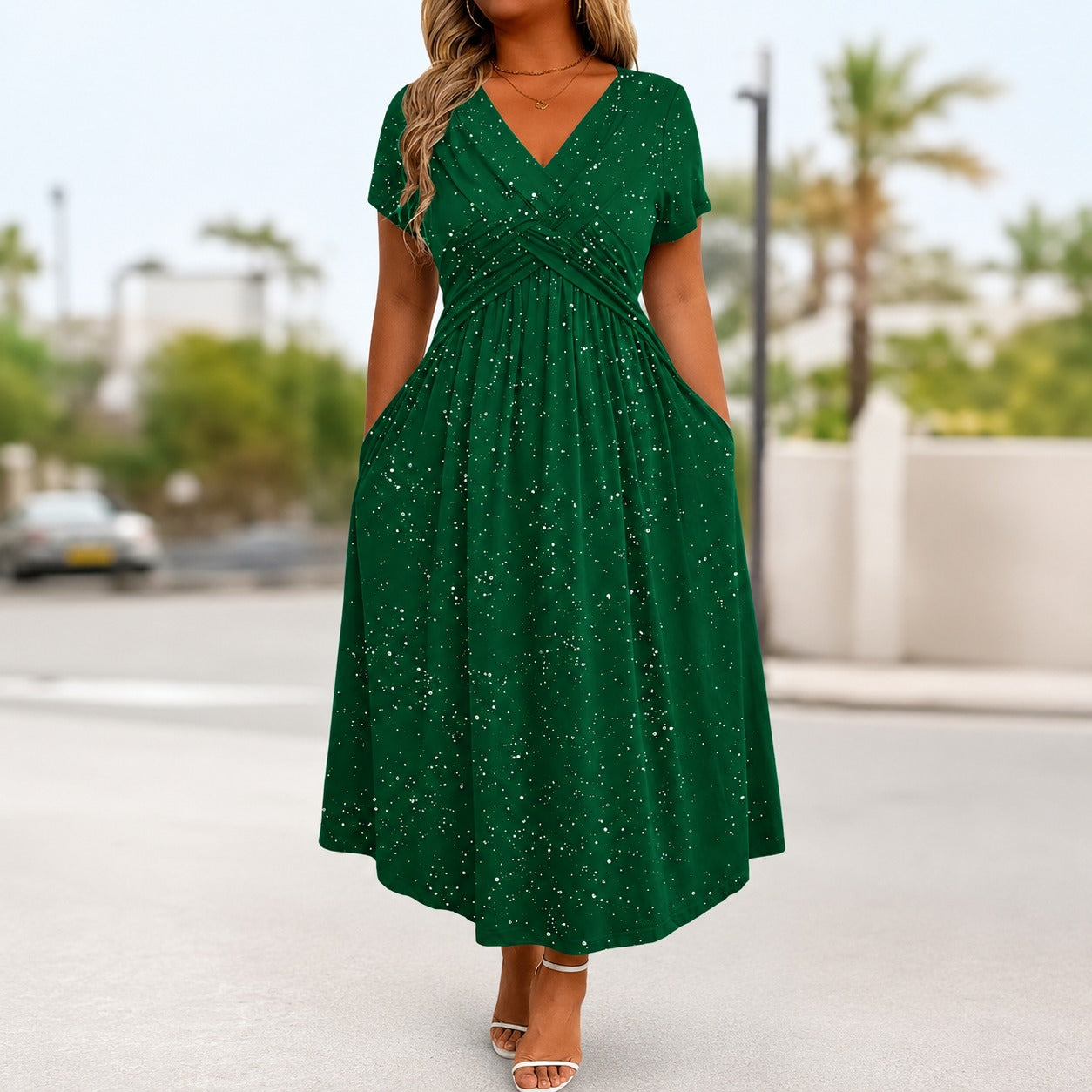 Serena | Vestido Midi Drapeado con Brillo