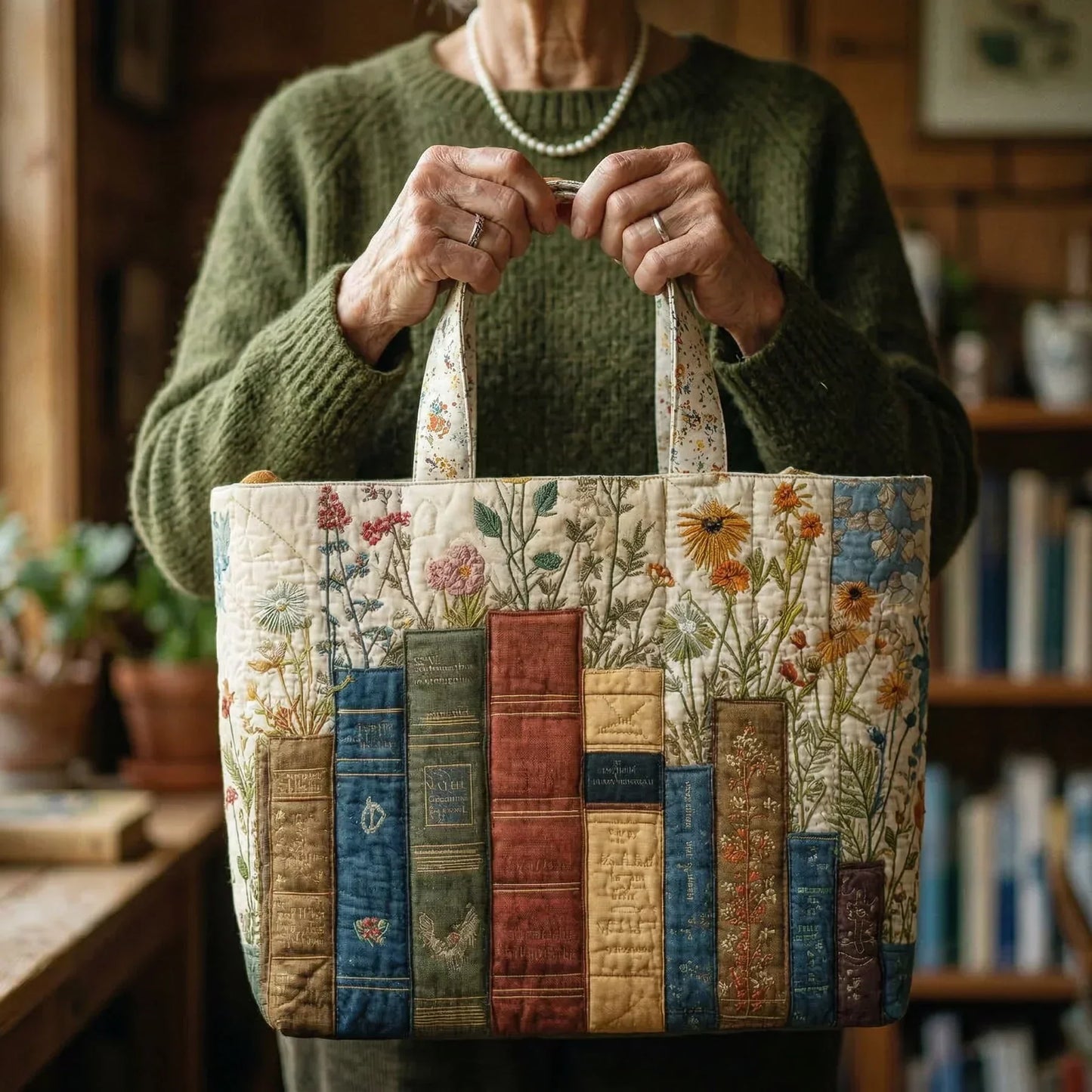 Aurora | Bolso Tote Acolchado con Estampado de Libros y Flores