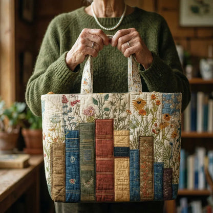 Aurora | Bolso Tote Acolchado con Estampado de Libros y Flores