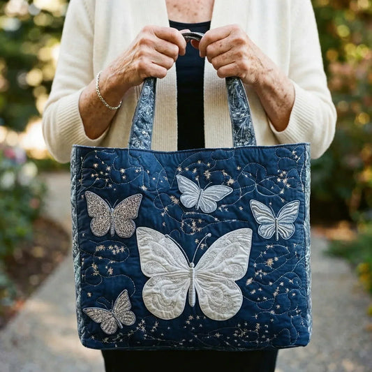 Plata | Bolso Tote Acolchado con Estampado de Mariposa Plateada