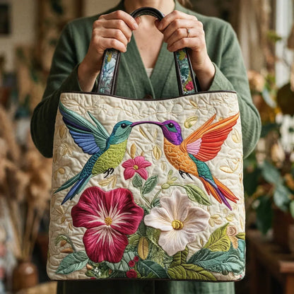 Pluma | Bolso Tote Acolchado con Estampado de Colibrí y Flores Blancas