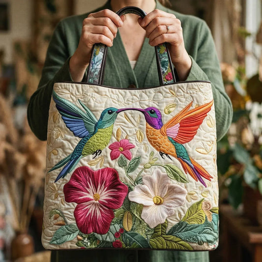 Pluma | Bolso Tote Acolchado con Estampado de Colibrí y Flores Blancas