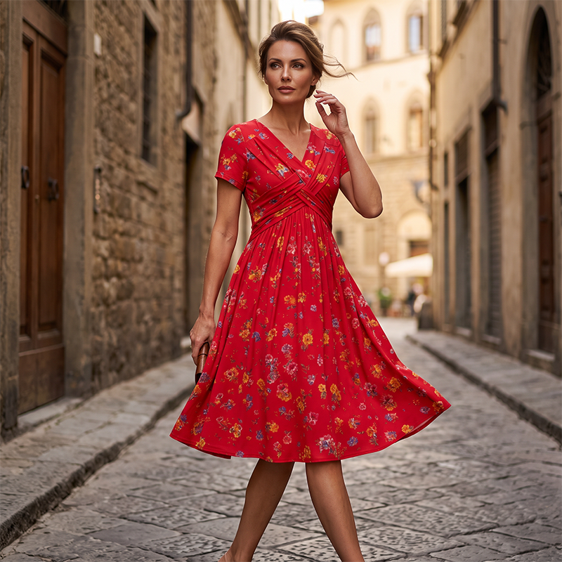 Lucía | Vestido Midi Floral con Cintura Cruzada y Bolsillos Reales