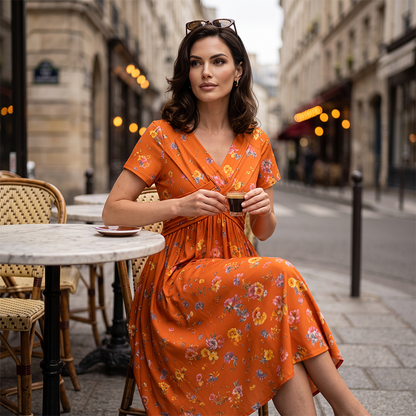 Lucía | Vestido Midi Floral con Cintura Cruzada y Bolsillos Reales