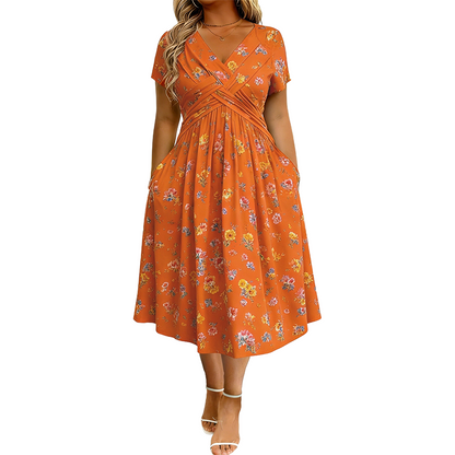 Lucía | Vestido Midi Floral con Cintura Cruzada y Bolsillos Reales