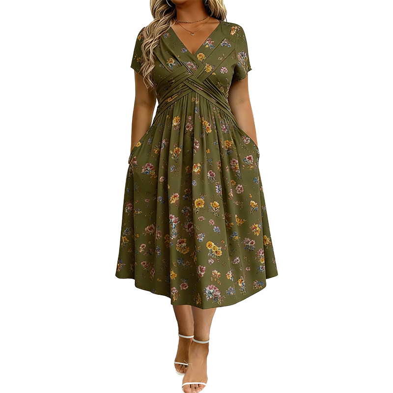 Lucía | Vestido Midi Floral con Cintura Cruzada y Bolsillos Reales