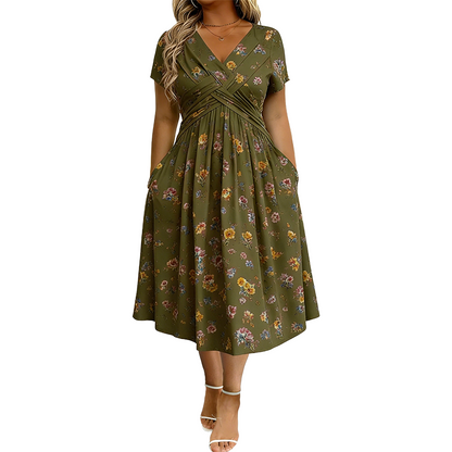 Lucía | Vestido Midi Floral con Cintura Cruzada y Bolsillos Reales