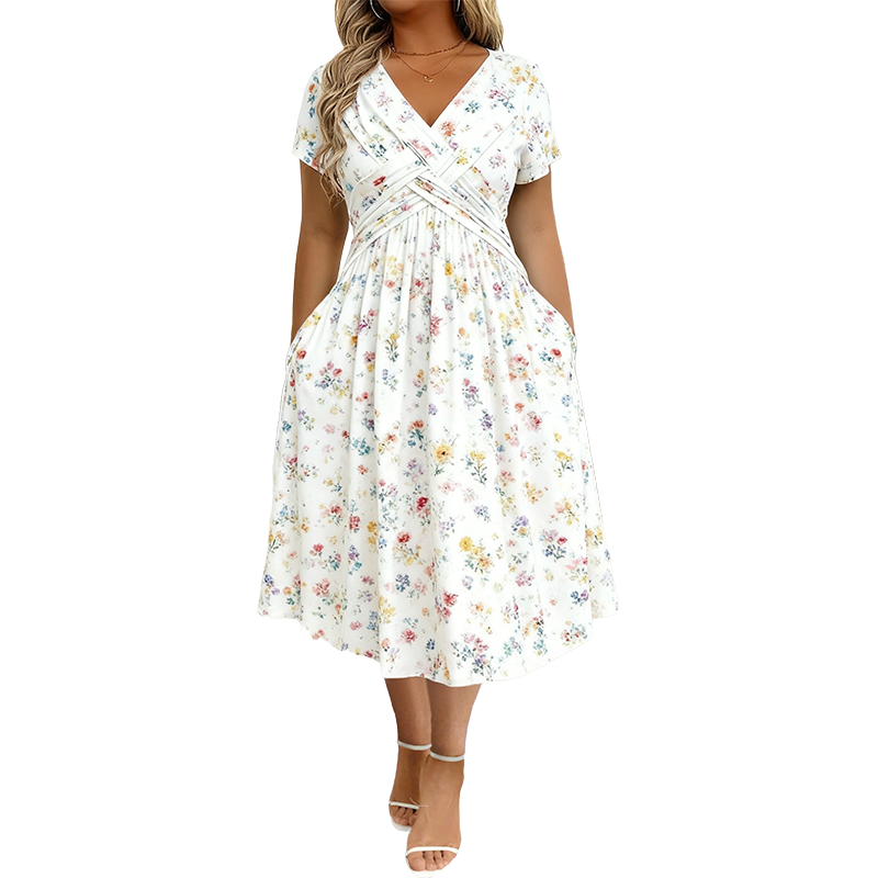 Lucía | Vestido Midi Floral con Cintura Cruzada y Bolsillos Reales