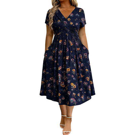 Lucía | Vestido Midi Floral con Cintura Cruzada y Bolsillos Reales