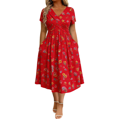 Lucía | Vestido Midi Floral con Cintura Cruzada y Bolsillos Reales